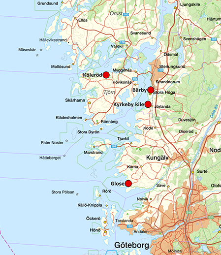 Kartbild med de olika områdena rödmarkerade
